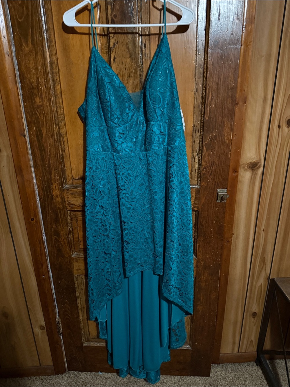 Teal Lace High-Low Spaghetti Strap Dress